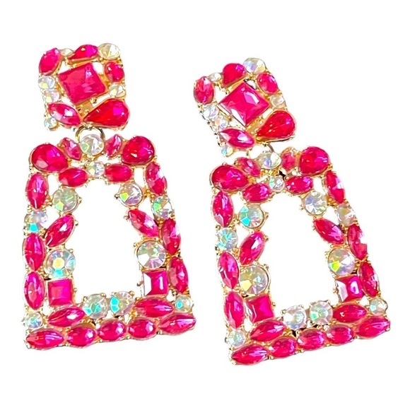 Pink Earrings Rhinestone Crystal Diamond Wedding Bridal Valentines Day Gift - Picture 3 of 5